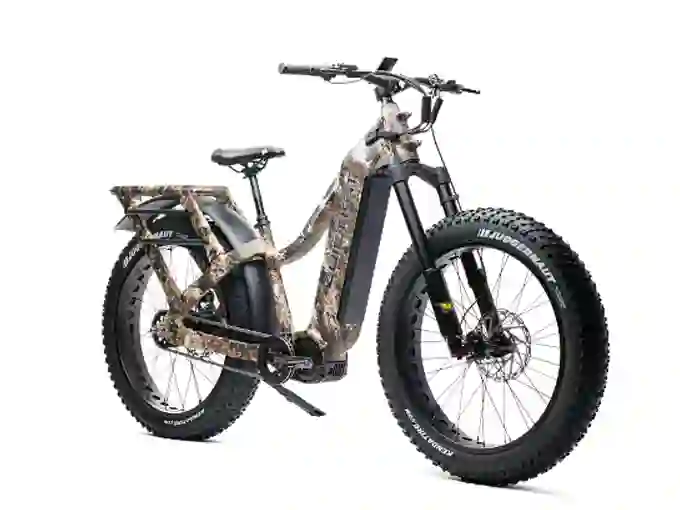 QuietKat Apex electric bike in camouflage, designed for hunting in rugged terrains