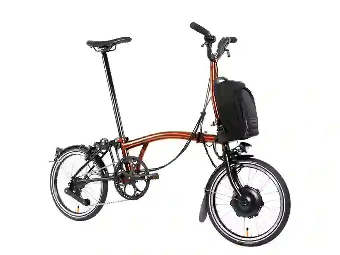 Brompton Electric folding e-bike, folded and ready for storage or transport